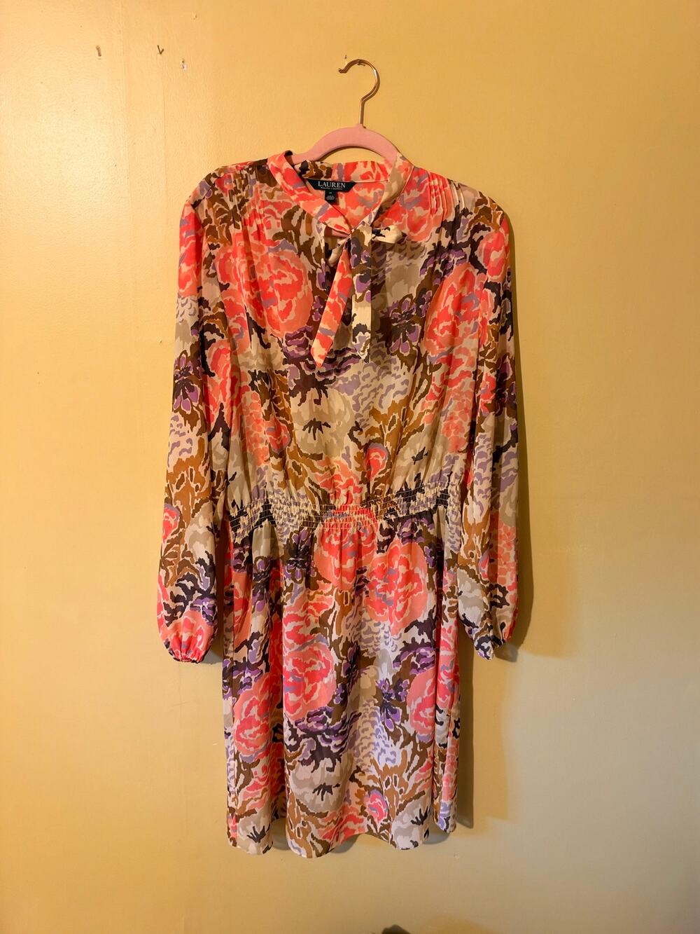 Lauren Ralph Lauren Coral Floral Tie Neck Sheer Georgette Dress NO SLIP